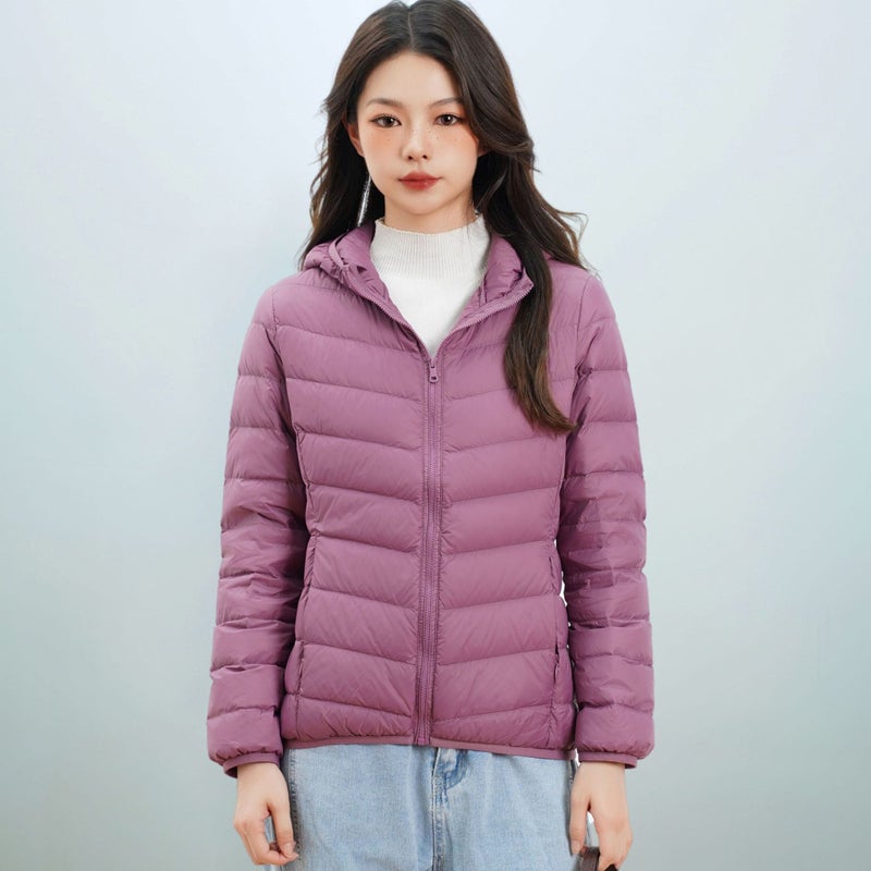Women's Style Purple Lightweight Down Jacket with Hood, Windproof Polyester Puffer Coat, Warm Winter Outerwear for Everyday Outfits - Image 1